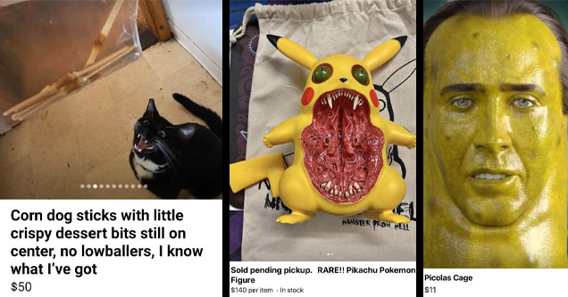 Items for sale on wish, including Picolas Cage, Weird Pikachu and Used Desert Sticks