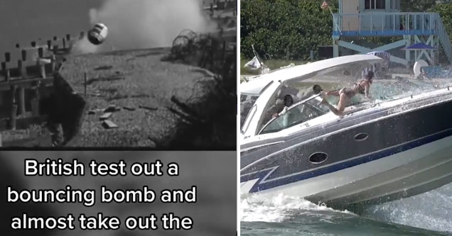 a British bouncing bomb coming at a camera man and a girl getting bounced off a boat