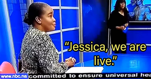 Namibian news anchor reminds argumentative reporter that they're live