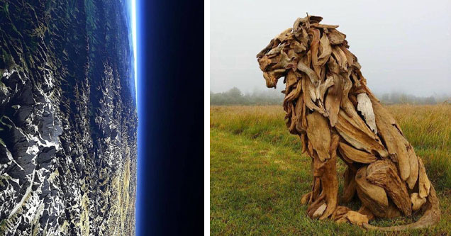 himalayas from outer space, wooden lion sculpture