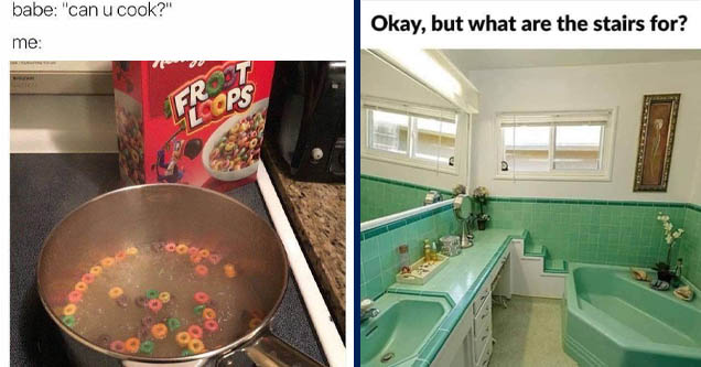 follow me for recipes meme - babe  | vintage bathrooms - Okay, but what are the stairs for?