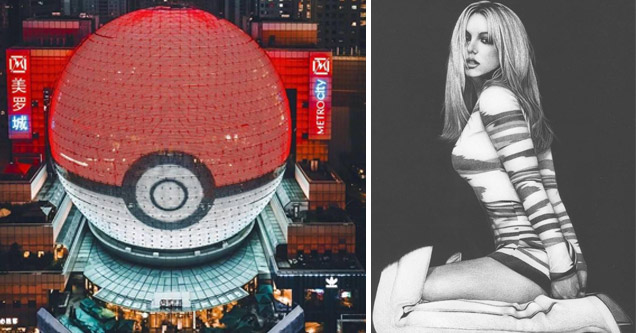 a pokeball building and a hot girl in black and white