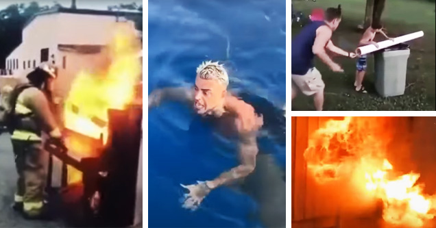 Firefighter playing piano fire, man scared of shark, explosion