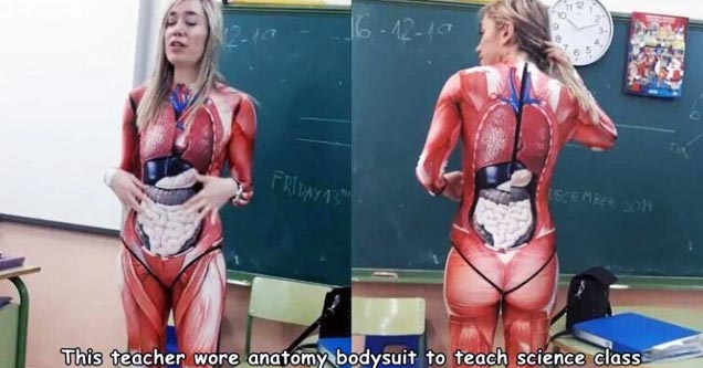 a biology teacher wearing a suit that shows muscles and organs