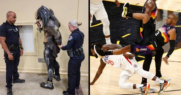 the predator getting arrested and a basketball player falling on the court