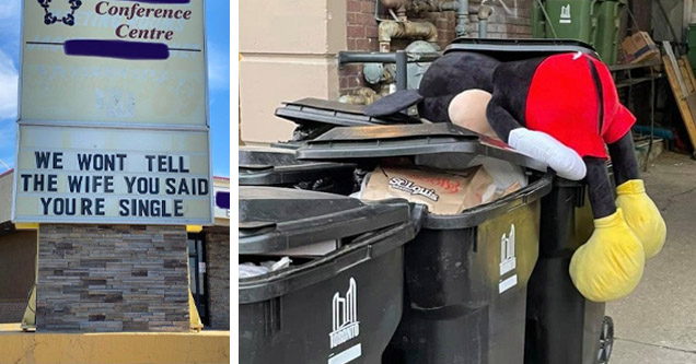 funny conference sign, mickey mouse in trash can