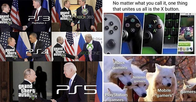 funny gaming memes -  GTA V and three generations of consoles -  Putin meeting US Presidents -  Clinton to Biden -  No matter where you play, the X Button brings us all together -  Mobile Game ad -  laughing wolves