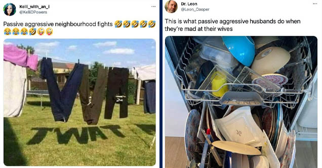 clothesline spells 'twat' | passive aggressive husbands loading dishwasher