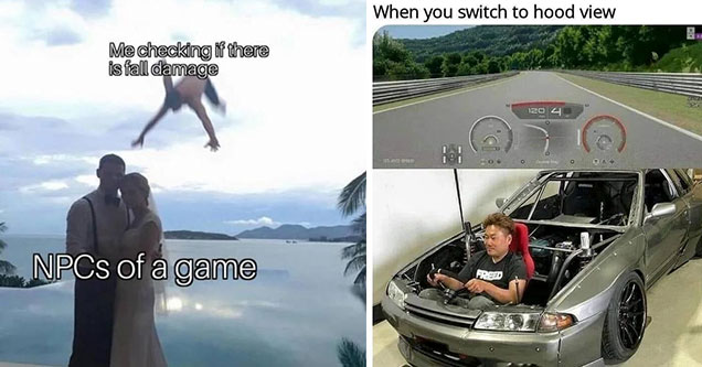 funny gaming memes -  me checking if there is fall damage -  NPCs in a game - when you switch to hood view - man sitting in the engine of car