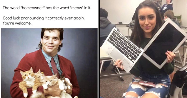 a meme with a man holding a cat and a girl with a broken laptop