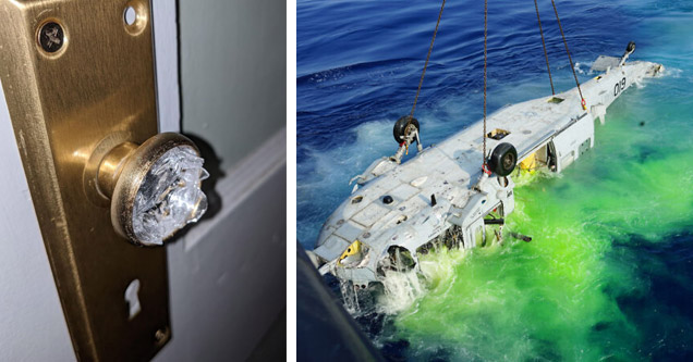 a broken glass door handle, and a helicopter upside down in the water