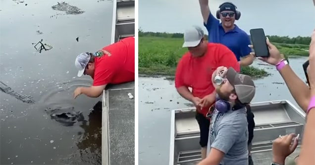 chugging beer from crocodile