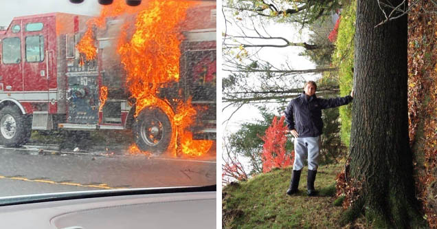 fire truck in flames, guy standing against fallen tree