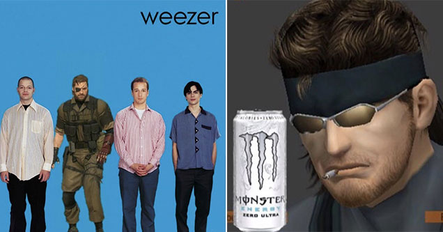 solid snake memes -  Weezer cover art with solid snake -  Solid Snake smoking a cigarette and drinking monster energy