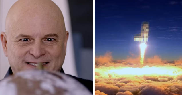 Jason Alexander as Jeff Bezos looking dementedly at a globe | D**k rocket flying to space