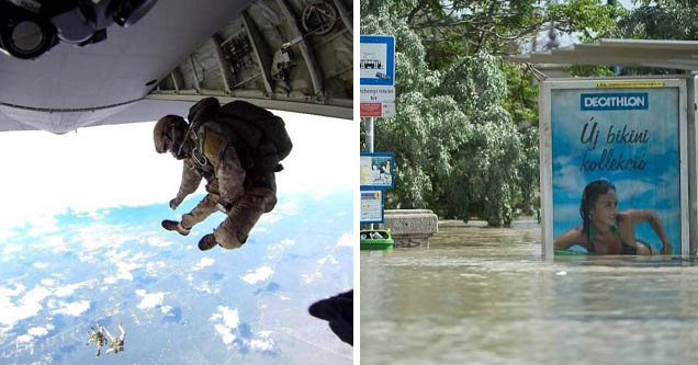 parajumper posing during jump | flooded bus stop with ad at water level