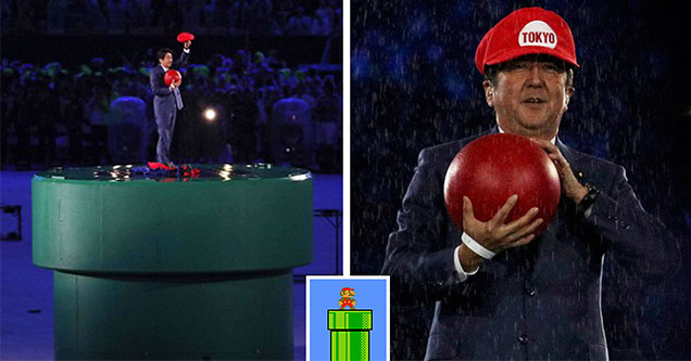 Japan's president at the 2016 Rio Olympics holding a red ball and wearing a Mario hat -  2020 Olympics opening ceremony