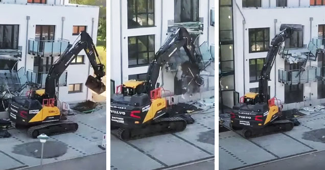 excavator destroying balconies