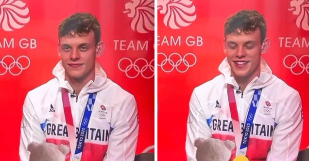 Gold medalist Matt Richards tries not to laugh at double entendre