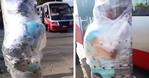 chilean car thief saran wrapped to pole