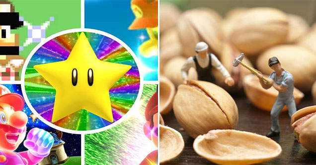 video game power-ups that will surely shrink your balls -  Mario Cart - Star power -  two small men cracking open nuts