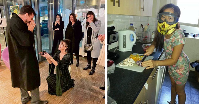 a woman proposing to her husband and  a woman wearing a mask while chopping onions