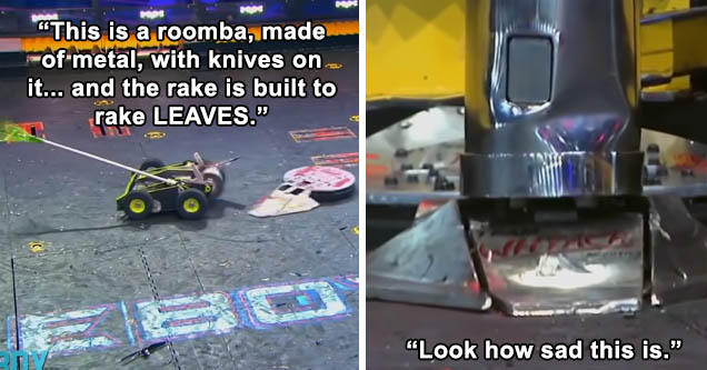 stills from 'battlebots' fight with Jomboy commentary