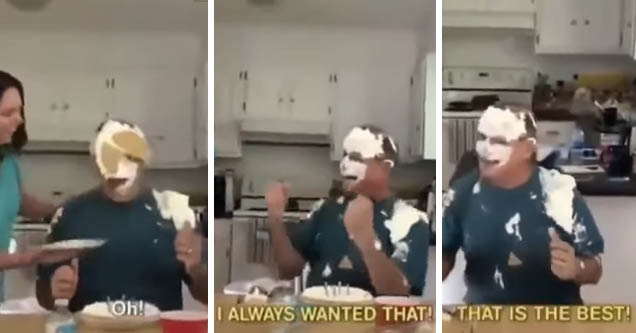 Man overjoyed to get pied in the face