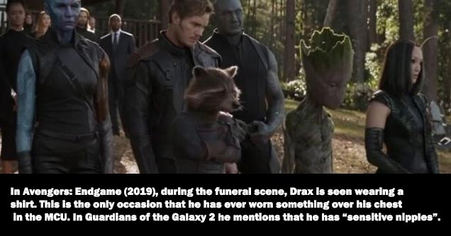 a photo of drax from guardians of the galaxy with text about his sensitive nipples