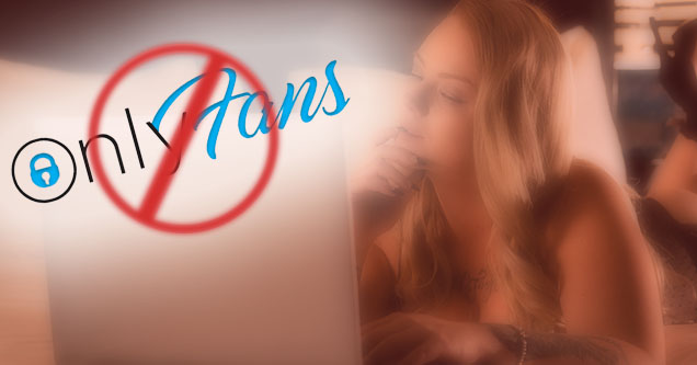 A girl laying on her bed using a laptop with onlyfans logo on it