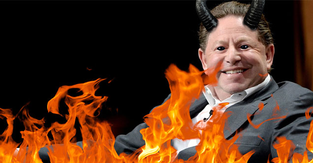 Blizzard CEO Bobby Kotick sitting in flame wearing devils horns