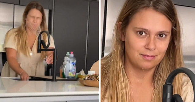 a woman who got pranked by her husband with a taped faucet