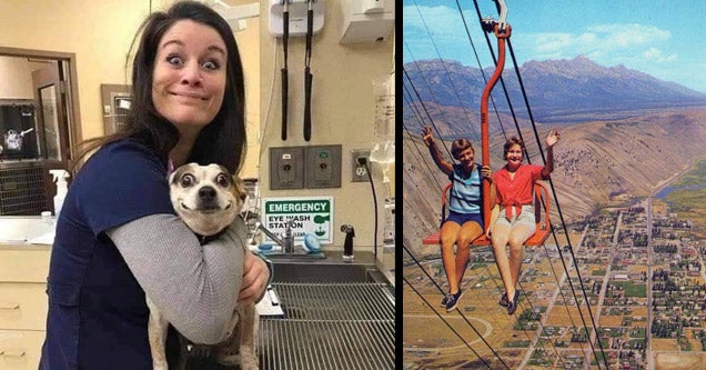 cool random pics - a woman holding a dog and people on a dangerous ski lift