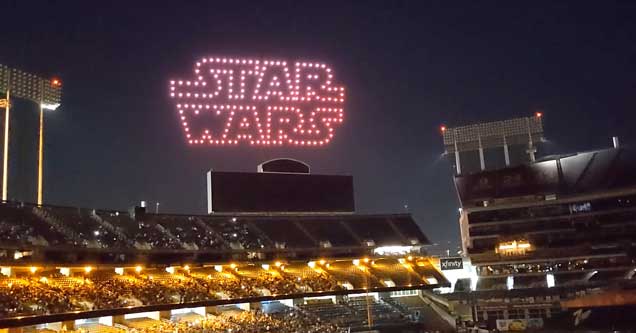 Star Wars written out in drones at stars night at the Oakland As