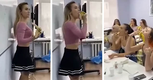 Russian lady teaches women how to deepthroat a banana