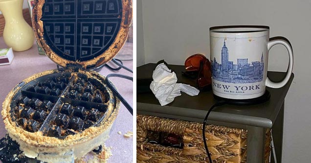 a filthy waffle maker and a guest who put coffee cup on  wireless charger