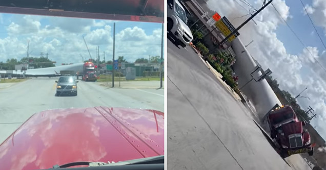 a truck carrying a wind turbine blade hit by a train