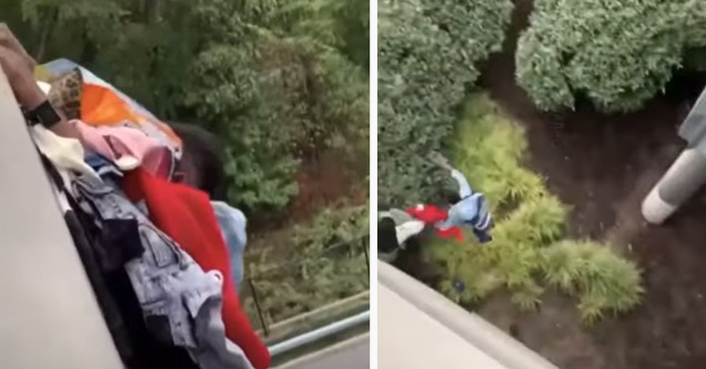 a man with a bunch of stolen clothes hanging from an overpass