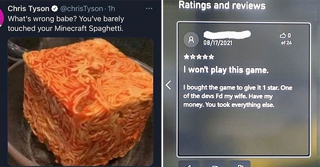 funny gaming memes -  what's wrong babe you haven't touched your minecraft spaghetti -  Rating and reviews -  I wont play this game -  one of the devs slept with my wife, have my money, you already took everything from me