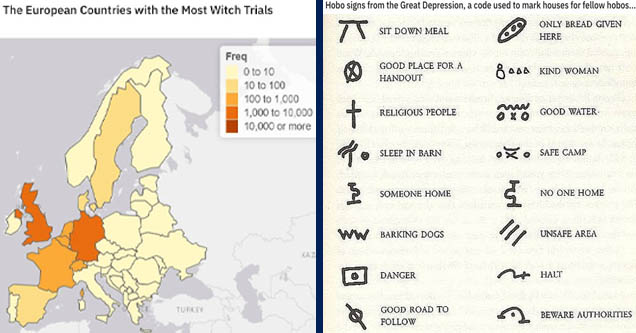 cartoon - The European Countries with the Most Witch Trials Freq O to 10 10 to 100 100 to 1,000 1,000 to 10,000 10,000 or more Turkey | handwriting - Hobo signs from the Great Depression, a code used to mark houses for fellow hobos... Only Bread Given Her