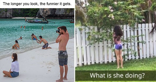 behind the scenes - social media influencers getting the perfect shot -  what is she doing -  woman standing in front of a bush -  the longer you look the funnier it gets -  beach full of guys taking pics of their gf's