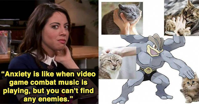 funny gaming memes -  anxiety is like when video game combat music is playing but you can't find any emenies -  Mochamp petting four cats at once