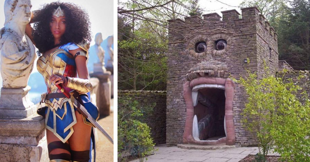 wonder woman cosplay and a castle that looks like its screaming