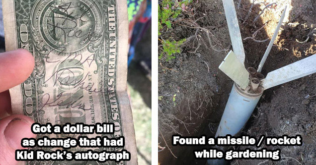 a dollar bill with kid rocks signature and a missile in the garden