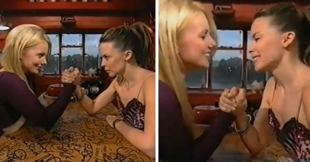 Geri Halliwell and Kylie Minogue arm wrestle and share a kiss