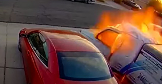 a truck exploding with flames shooting out