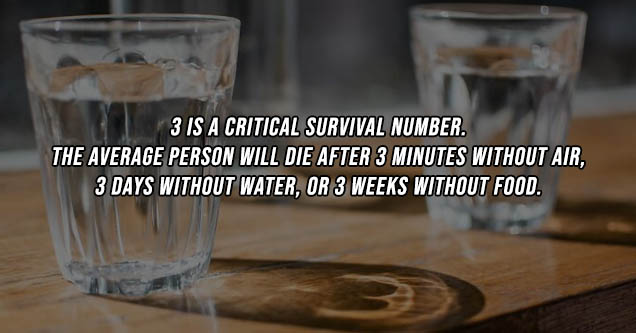 two glasses of water - 3 minutes without air. 3 days without water. 3 weeks without food.