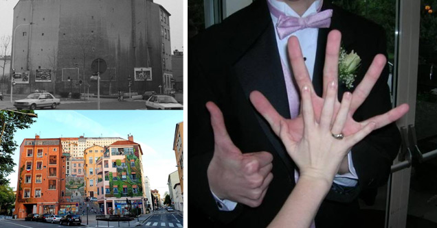 a building before and after being painted, a guy with a huge hand