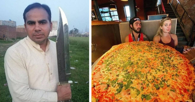 a man holding a huge knife and a couple sitting in front of a huge pizza