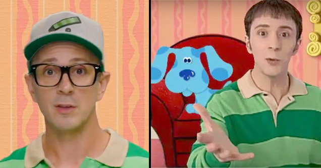 Blues Clues Steve Burns in a recent video and in an old clip from the show.